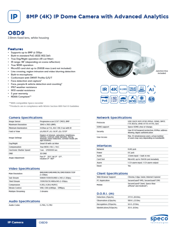 Speco O8D9 8MP (4K) IP Dome Camera with Advanced Analytics, NDAA Compliant, 2.8mm Fixed Lens, White
